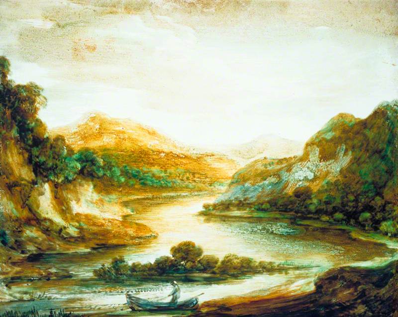 Paysage fluvial boisé avec un pêcheur dans une barque, de hautes rives et des montagnes lointaines - Thomas Gainsborough