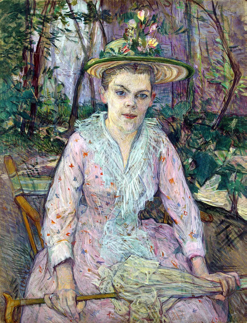 Žena s deštníkem, zvaná Berthe la Sourde, sedící v zahradě pana Foresta - Henri de Toulouse-Lautrec