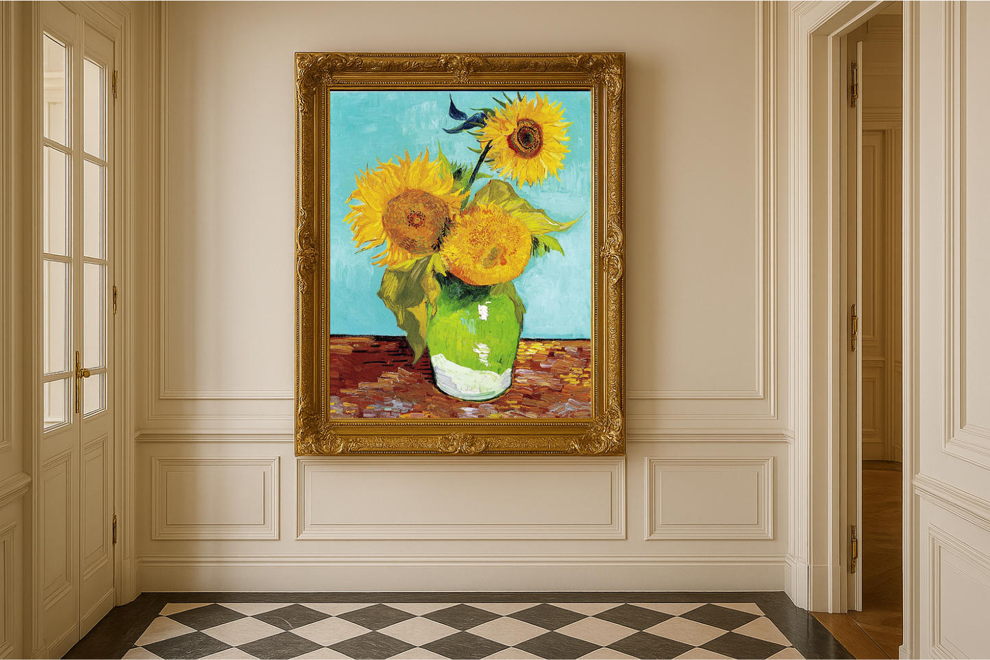 🌻 Slunečnice (tyrkysové pozadí) – Vincent van Gogh (1888)