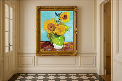 🌻 Slunečnice (tyrkysové pozadí) – Vincent van Gogh (1888)