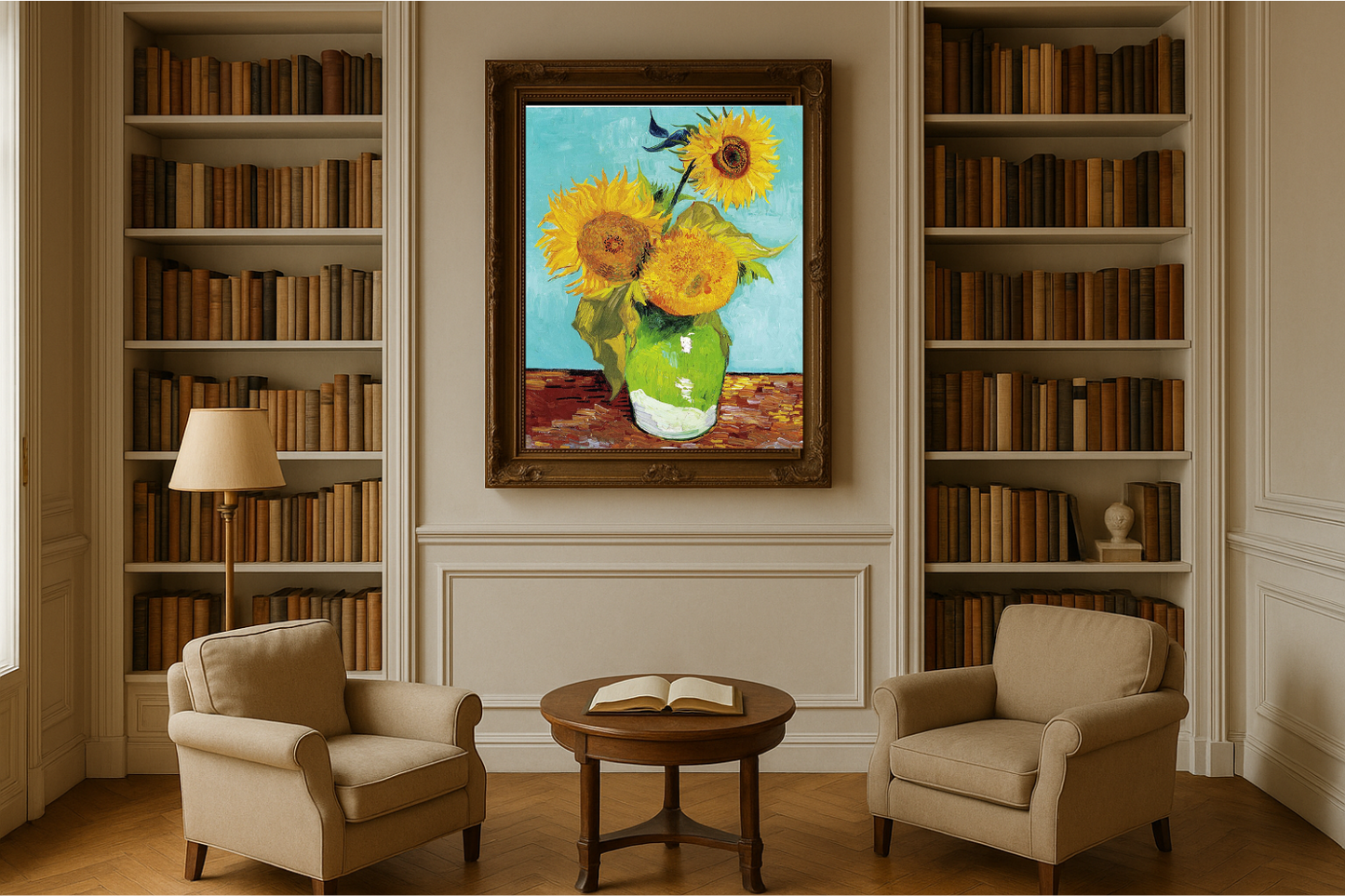🌻 Slunečnice (tyrkysové pozadí) – Vincent van Gogh (1888)