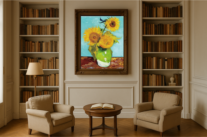 🌻 Slunečnice (tyrkysové pozadí) – Vincent van Gogh (1888)