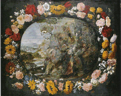 Paysage avec une couronne de fleurs - Juan van der Hamen