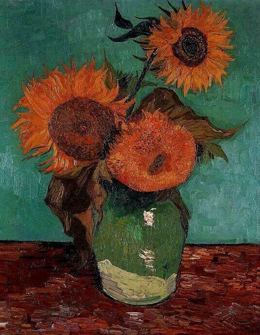 🌻 Váza s třemi slunečnicemi – Vincent van Gogh (1888)
