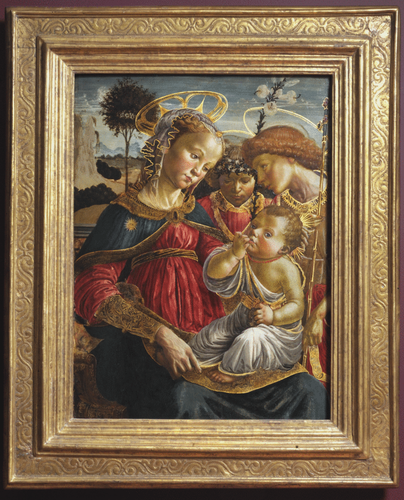 Panna Marie, svatý Jan Křtitel a anděl uctívající Dítě Ježíše - Sandro Botticelli