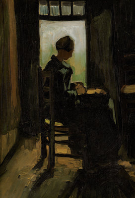 Sedící venkovanka před otevřenými dveřmi, loupající brambory - Vincent van Gogh