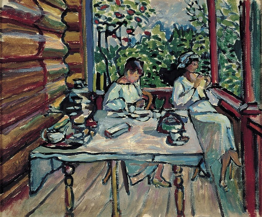 Reproduction du tableau « Akhtyrka, Nina et Tatiana dans la véranda - Vassily Kandinsky » par Alpha Reproduction en peinture à l’huile