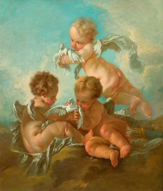 Vzduch : Tři putti s ptáky - François Boucher