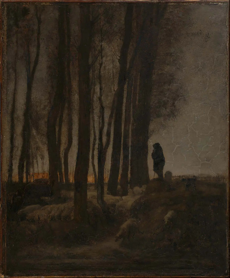 Berger et stádo na okraji lesa, večer - Jean-François Millet
