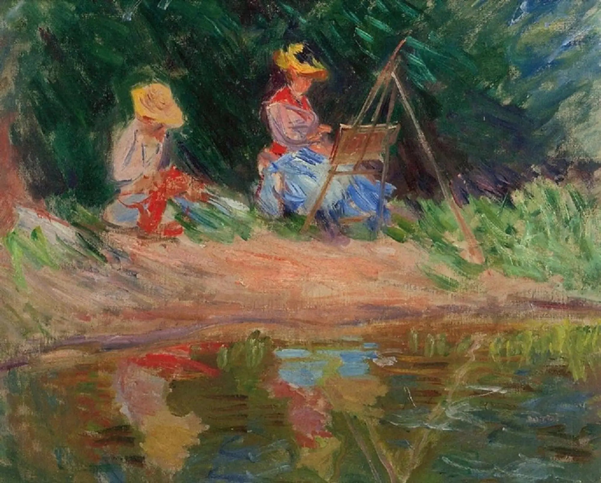 Reproduction du tableau « Blanche Monet peignant avec sa soeur Suzanne au bord de l'eau - Claude Monet » par Alpha Reproduction en peinture à l’huile