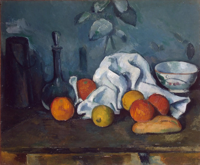 Dóza na mléko, karafa a miska - Paul Cézanne