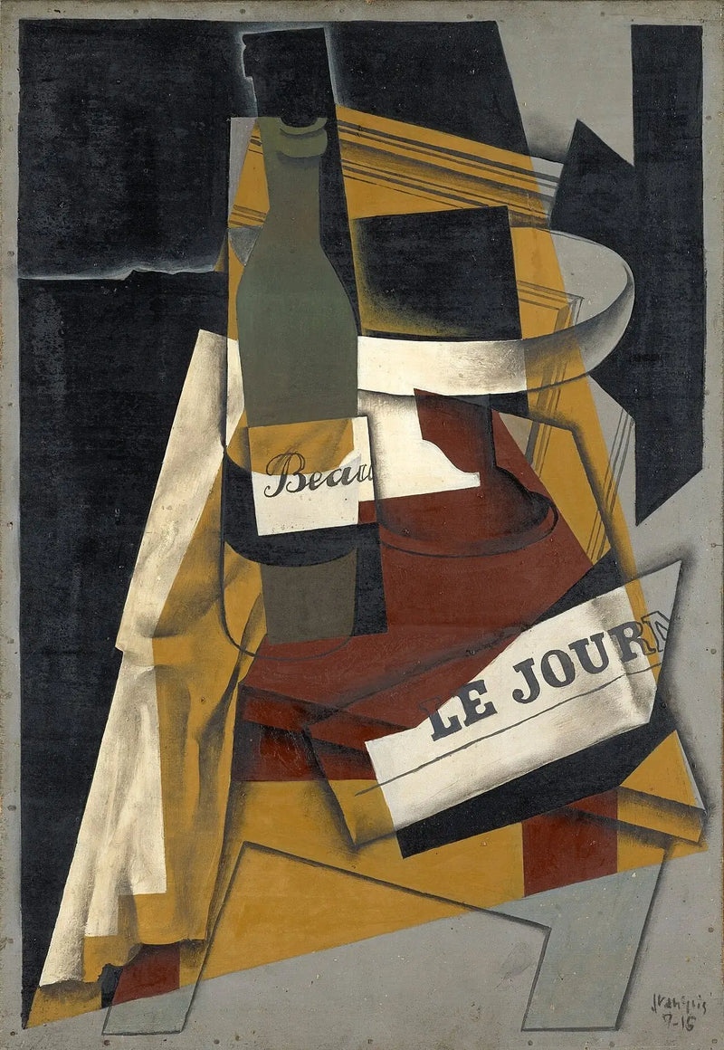Láhev a mísa na kompot (láhev, noviny a mísa na kompot) - Juan Gris