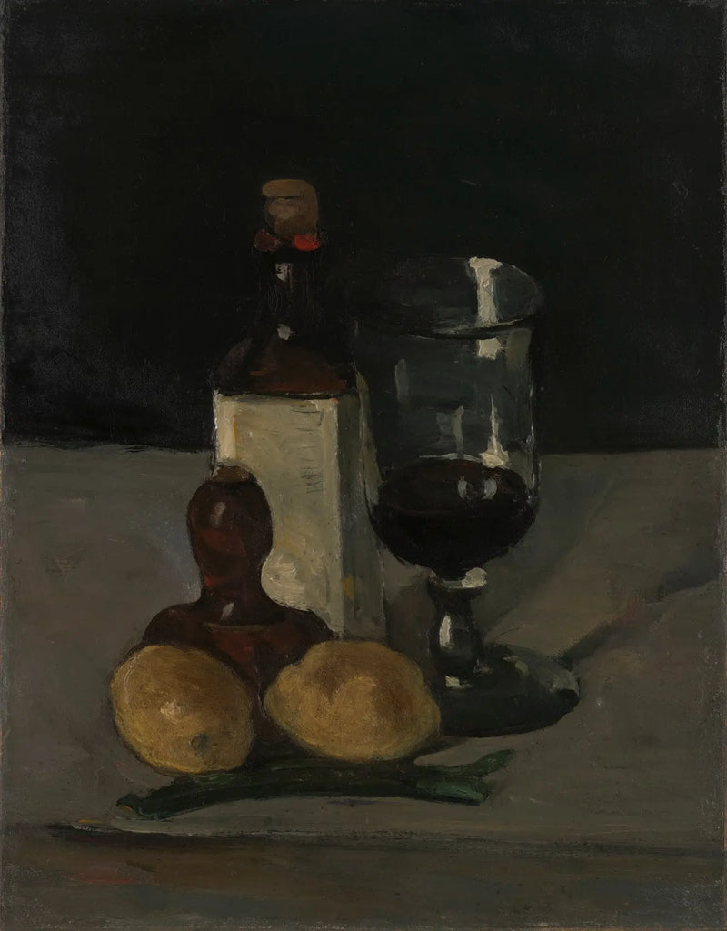 Láhev, sklenice a citrony - Paul Cézanne