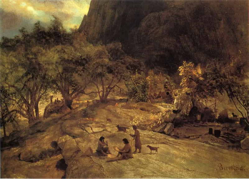 Indiánský tábor v Mariposa, údolí Yosemite, Kalifornie - Albert Bierstadt