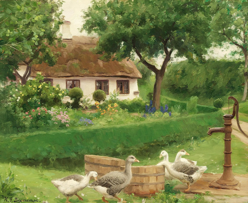 Kachny u vodní pumpy za farmou se slaměnou střechou. - H. A. Brendekilde