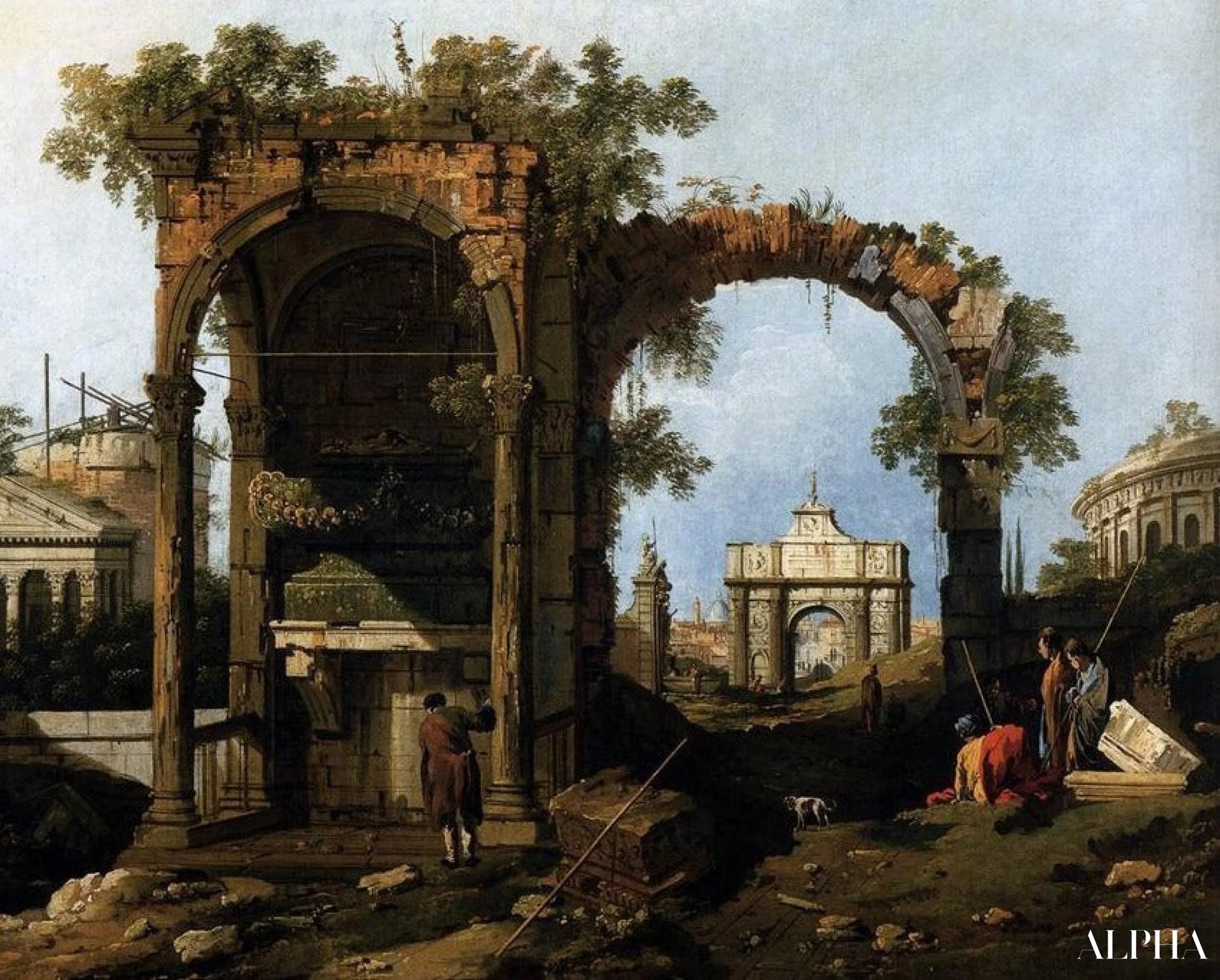 Capriccio avec ruines et bâtiments classiques, vers 1760 (huile sur toile) - Giovanni Antonio Canal - Reproductions de tableaux et peintures haut de gamme
