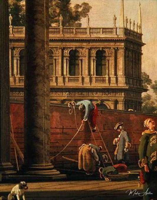 Capriccio d'un homme escaladant un mur (huile sur toile) - Giovanni Antonio Canal - Reproductions de tableaux et peintures haut de gamme