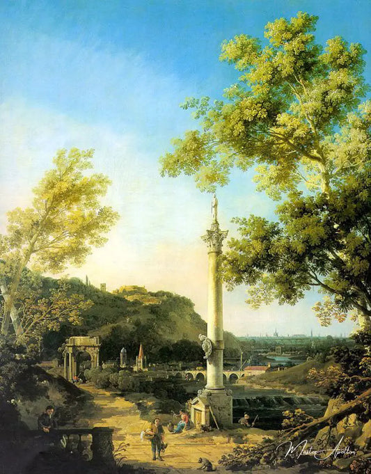 Capriccio : Paysage de rivière avec une colonne - Giovanni Antonio Canal - Reproductions de tableaux et peintures haut de gamme