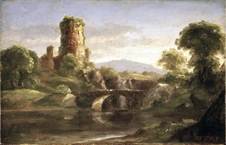 Zřícenina hradu a řeka - Thomas Cole
