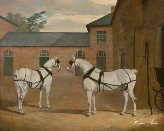 Chevaux d'attelage gris dans la cour d'attelage à Putteridge Bury, Hertfordshire - John Frederick Herring Snr - Reproductions de tableaux et peintures haut de gamme