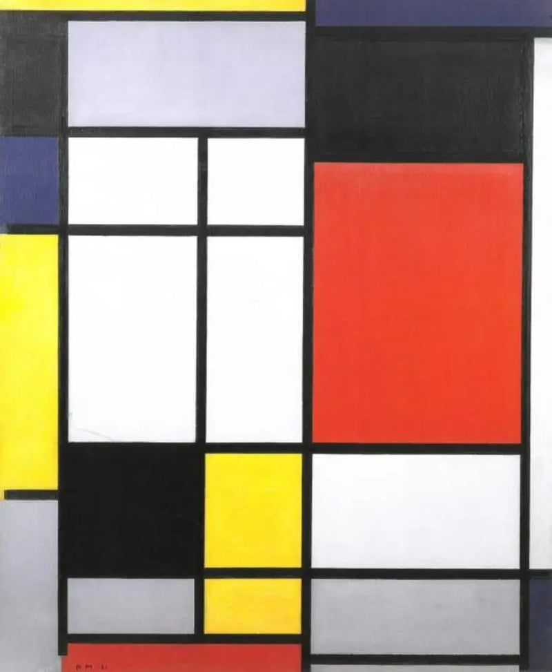 Kompozice se žlutou, modrou, černou, červenou a šedou - Piet Mondrian
