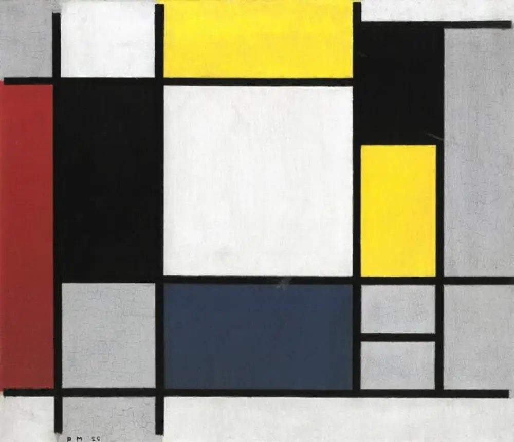 Reproduction du tableau « Composition avec du jaune, du rouge, du noir, du bleu et du gris - Piet Mondrian » par Alpha Reproduction en peinture à l’huile