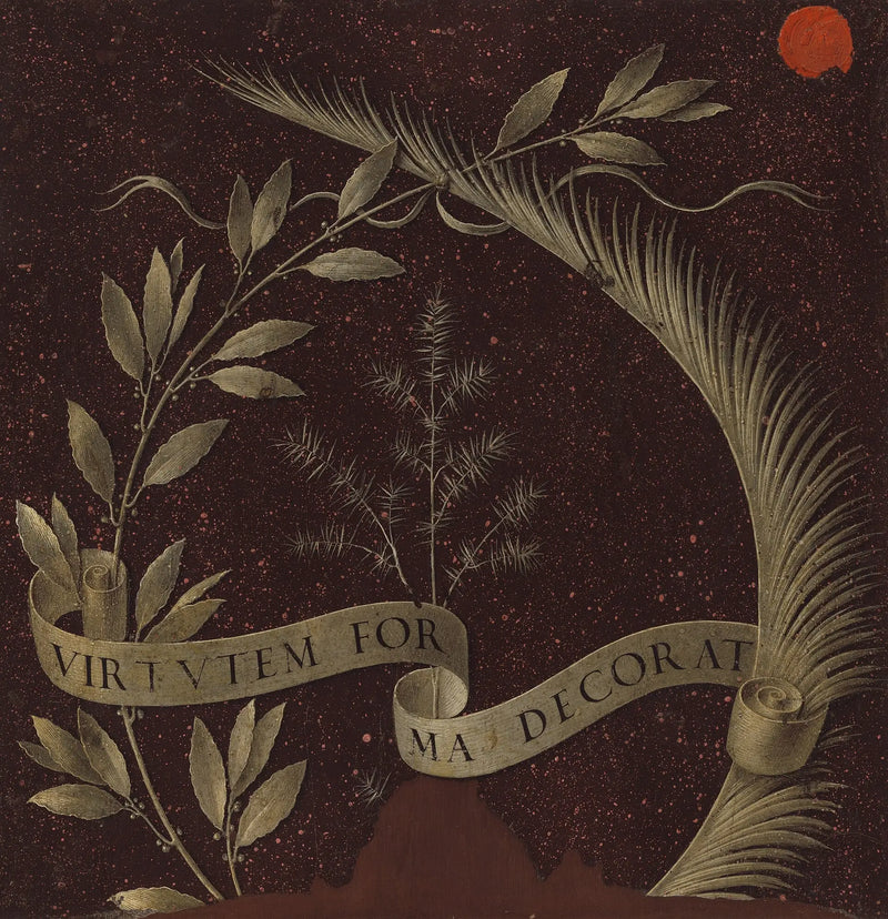 Vavřínový, palmový a jalovcový věnec s pergamenem nesoucím nápis Virtutem Forma Decorat [revers] - Leonardo da Vinci