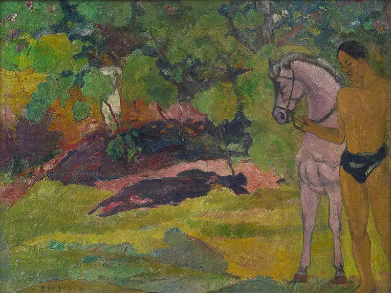 V vanilkovém poli, muž a kůň - Paul Gauguin