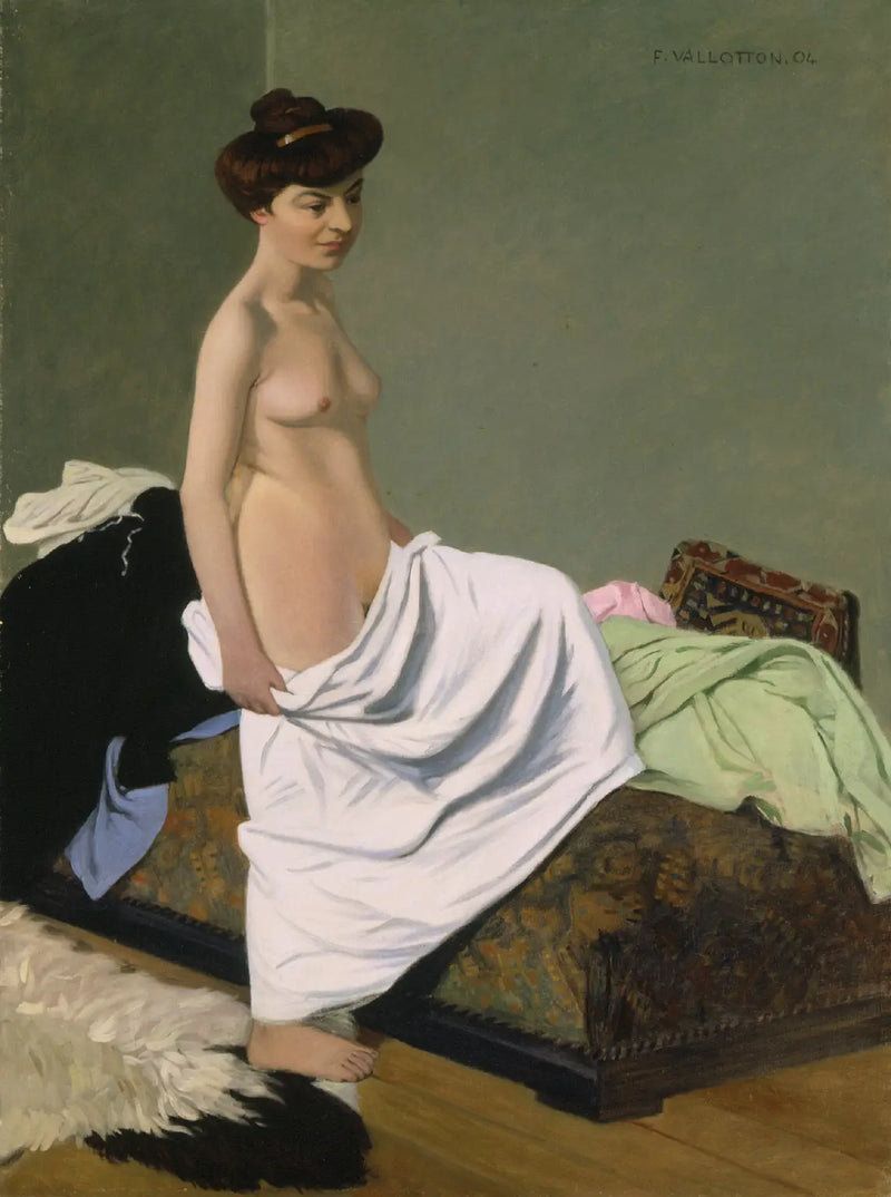 Stojící nahá držící šaty na kolenou - Félix Vallotton