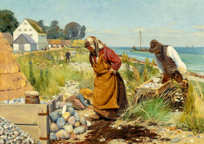 Lidé odstraňují trosky u pláže ve Stevns, Dánsko. - H. A. Brendekilde