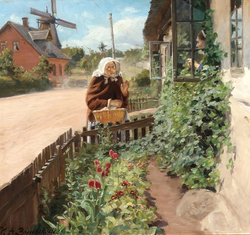 Dvě ženy si povídají přes okno. - H. A. Brendekilde