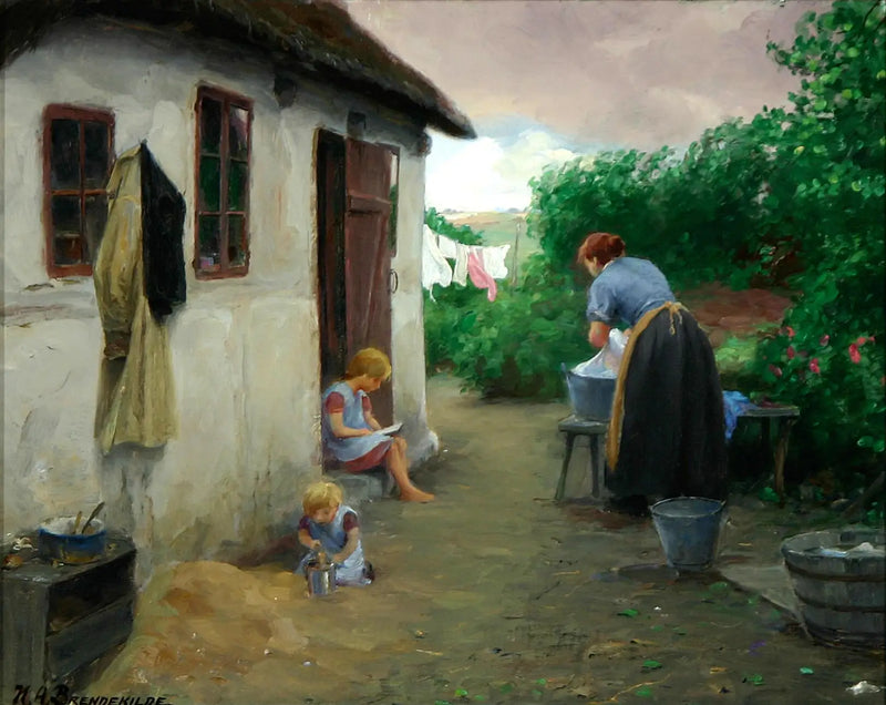 Dvě dívky a jejich matka u farmy. - H. A. Brendekilde