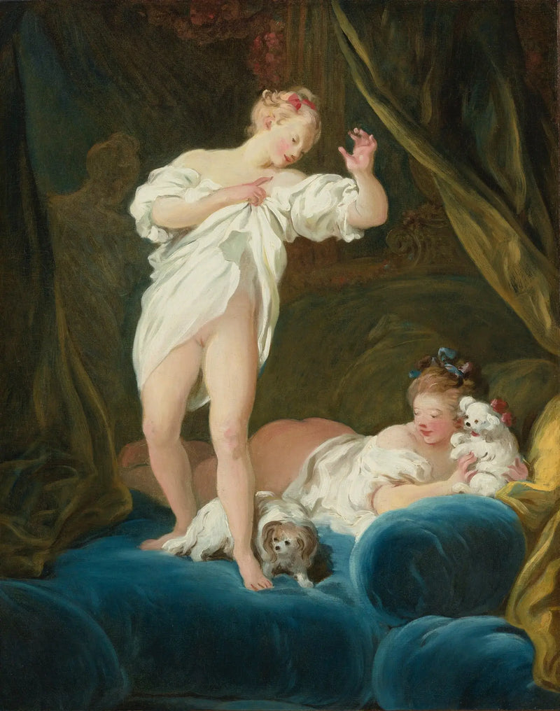 Dvě dívky na posteli si hrají se svými psy - Jean-Honoré Fragonard