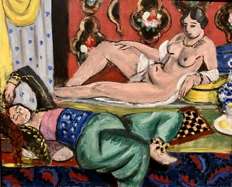 Dvě odalisky, z nichž jedna je nahá, ornamentální pozadí a kostkovaný vzor - Henri Matisse