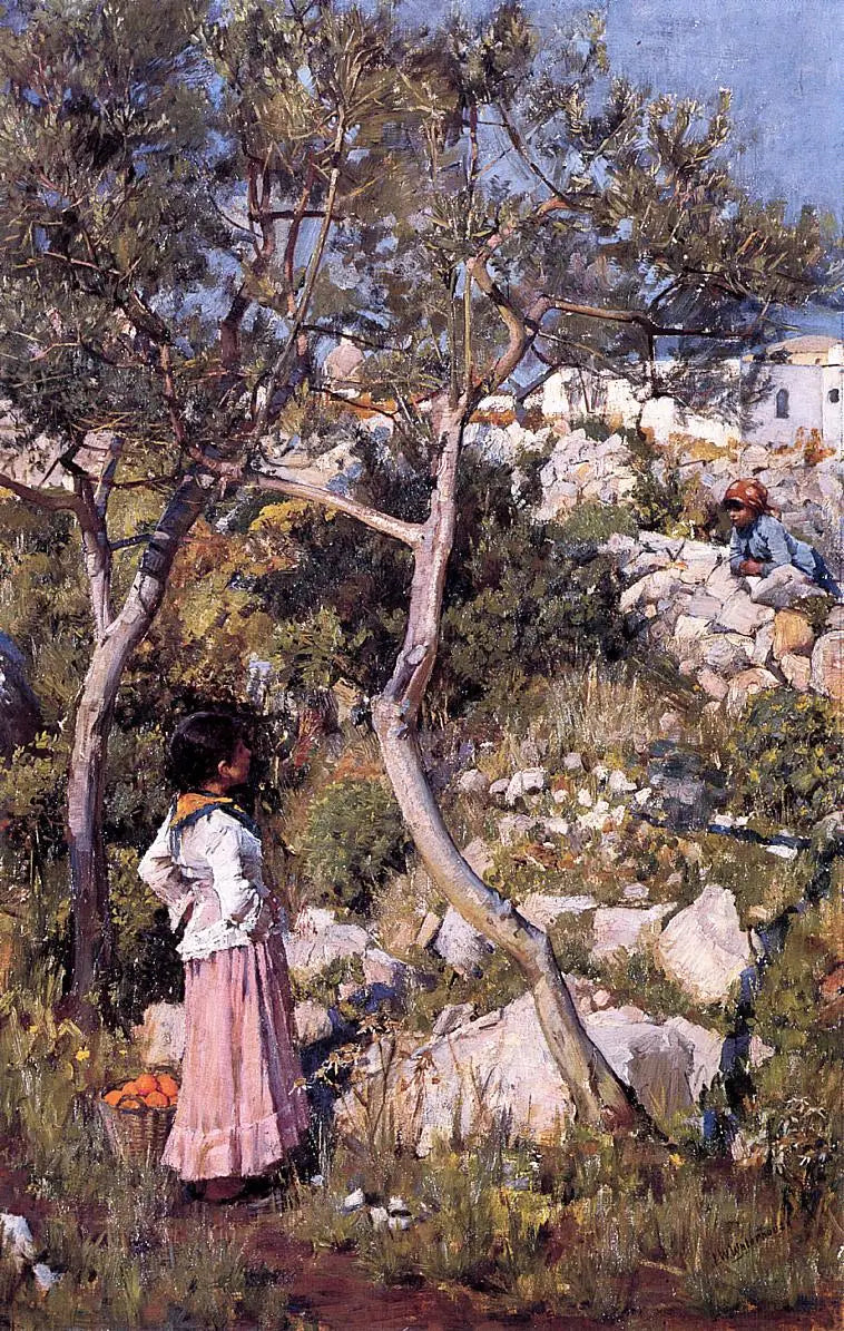Dvě malé italské holčičky u vesnice - John William Waterhouse