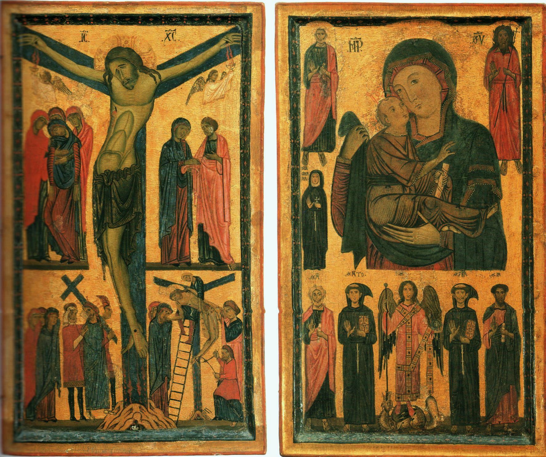 Dittico della Crocifissione e della Madonna col Bambino e santi - Bonaventura Berlinghieri - Alpha Reproduction