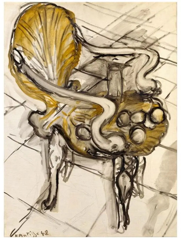 Reproduction du tableau « Fauteuil vénitien et Fruits (rocaille) - Henri Matisse » par Alpha Reproduction en peinture à l’huile