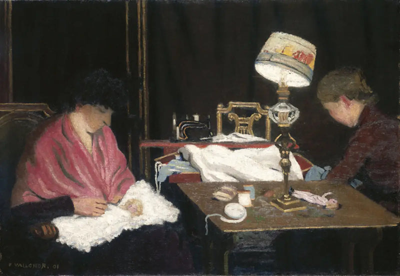 Žena, růžový šátek, bratranec u lampy - Félix Vallotton
