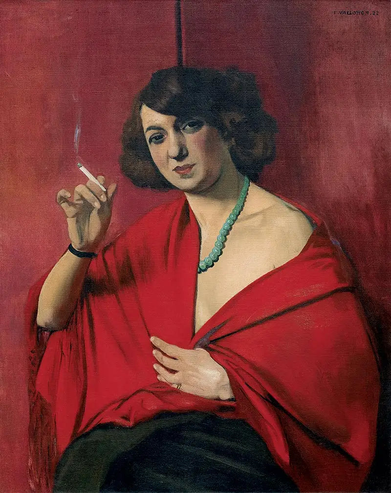 Žena oděná v červené držící cigaretu - Félix Vallotton