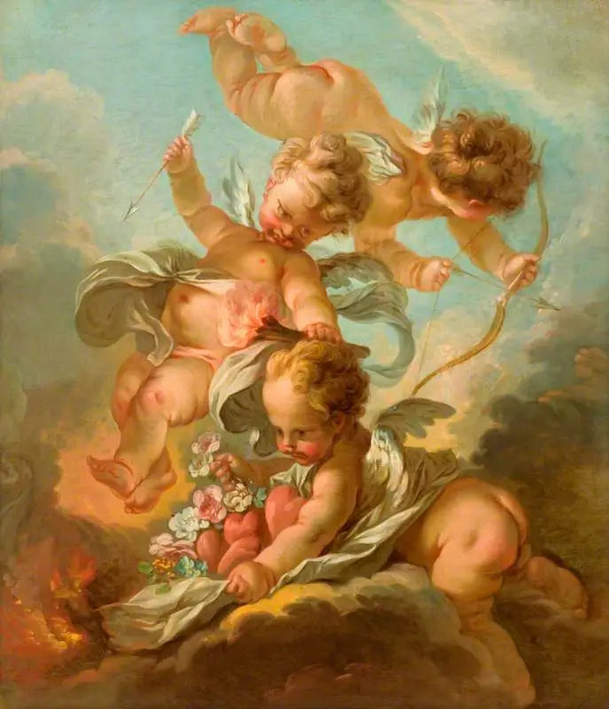 Oheň : Tři putti držící luk a šíp, zapálenou pochodeň a plášť obsahující srdce a květiny - François Boucher
