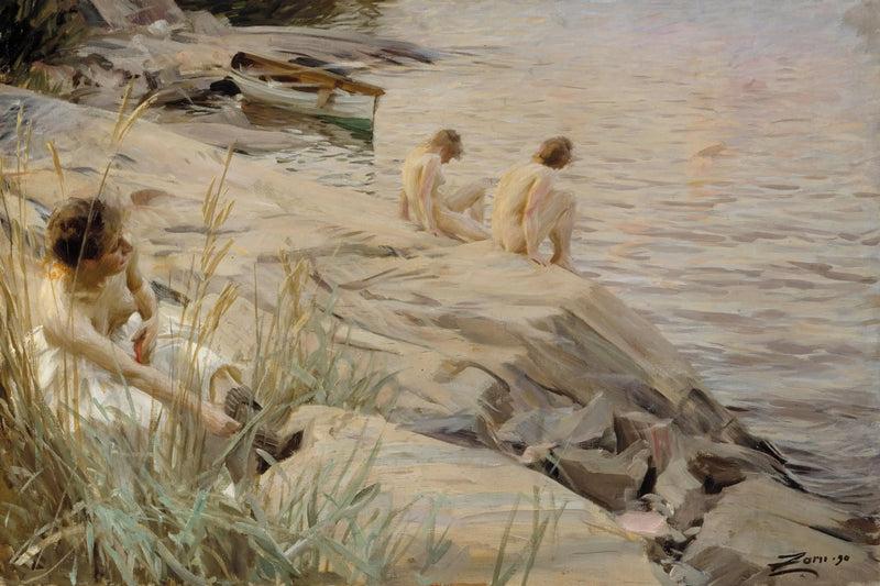 Dívky koupající se na čerstvém vzduchu; Dívky koupající se venku; Venkovní - Anders Zorn
