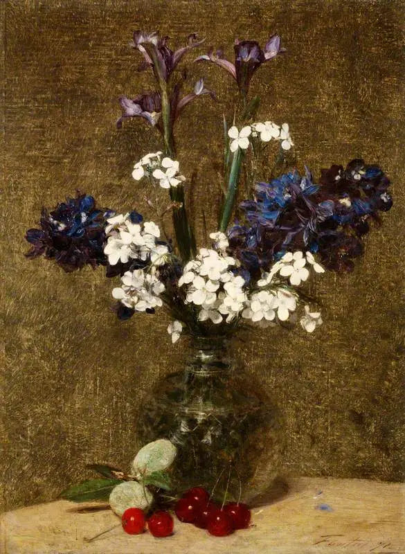 Květiny: Iry a jasmíny s třešněmi a mandlemi na stole - Henri Fantin-Latour