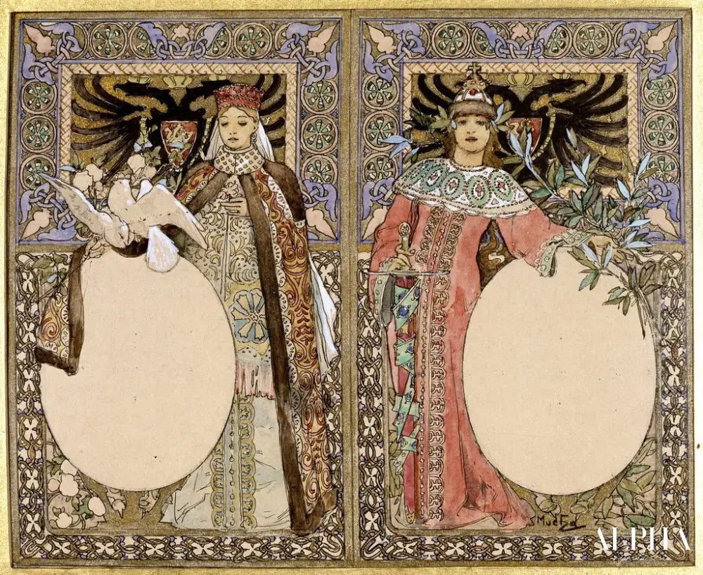 Illustration de livre avec des femmes en costume traditionnel - Mucha - Reproductions de tableaux et peintures haut de gamme