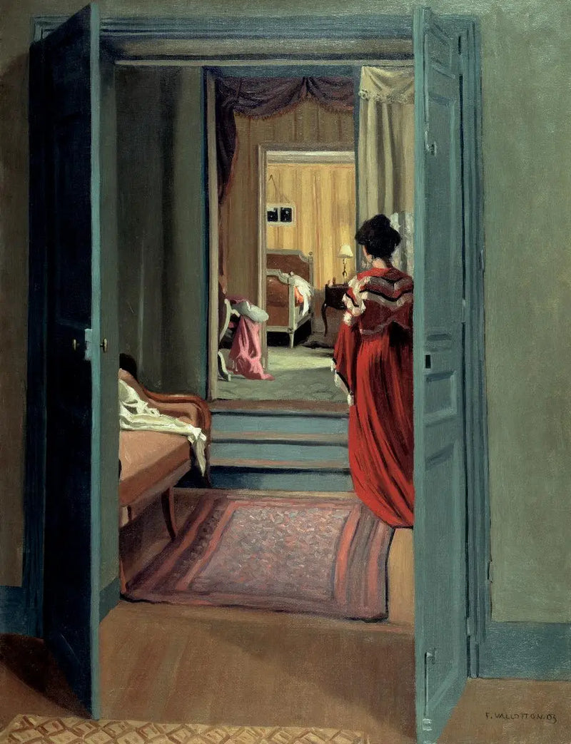 Interiér s ženou v červené zezadu - Félix Vallotton