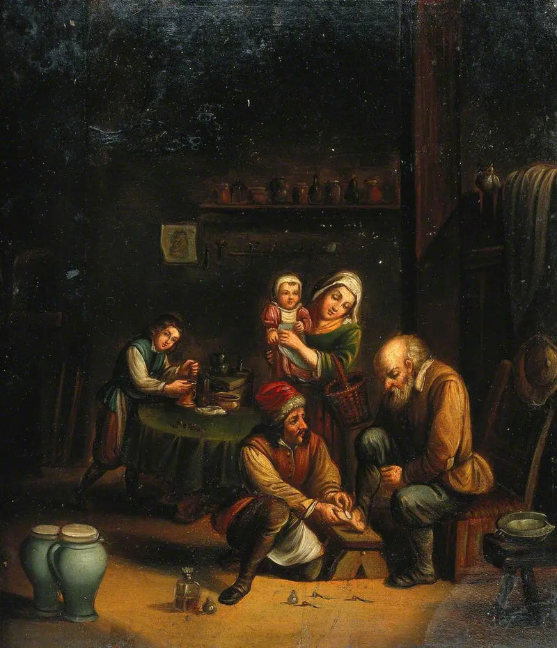 Interiér s chirurgem ošetřujícím nohu muže a třemi dalšími postavami - David Teniers mladší