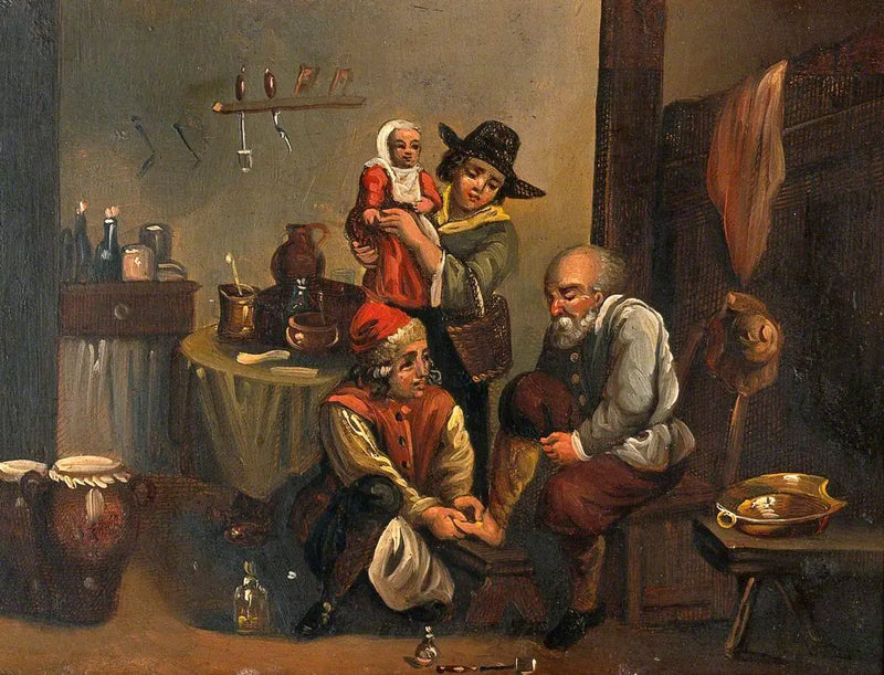 Interiér lékařské ordinace s chirurgem ošetřujícím nohu muže, a žena a dítě sledující - David Teniers mladší
