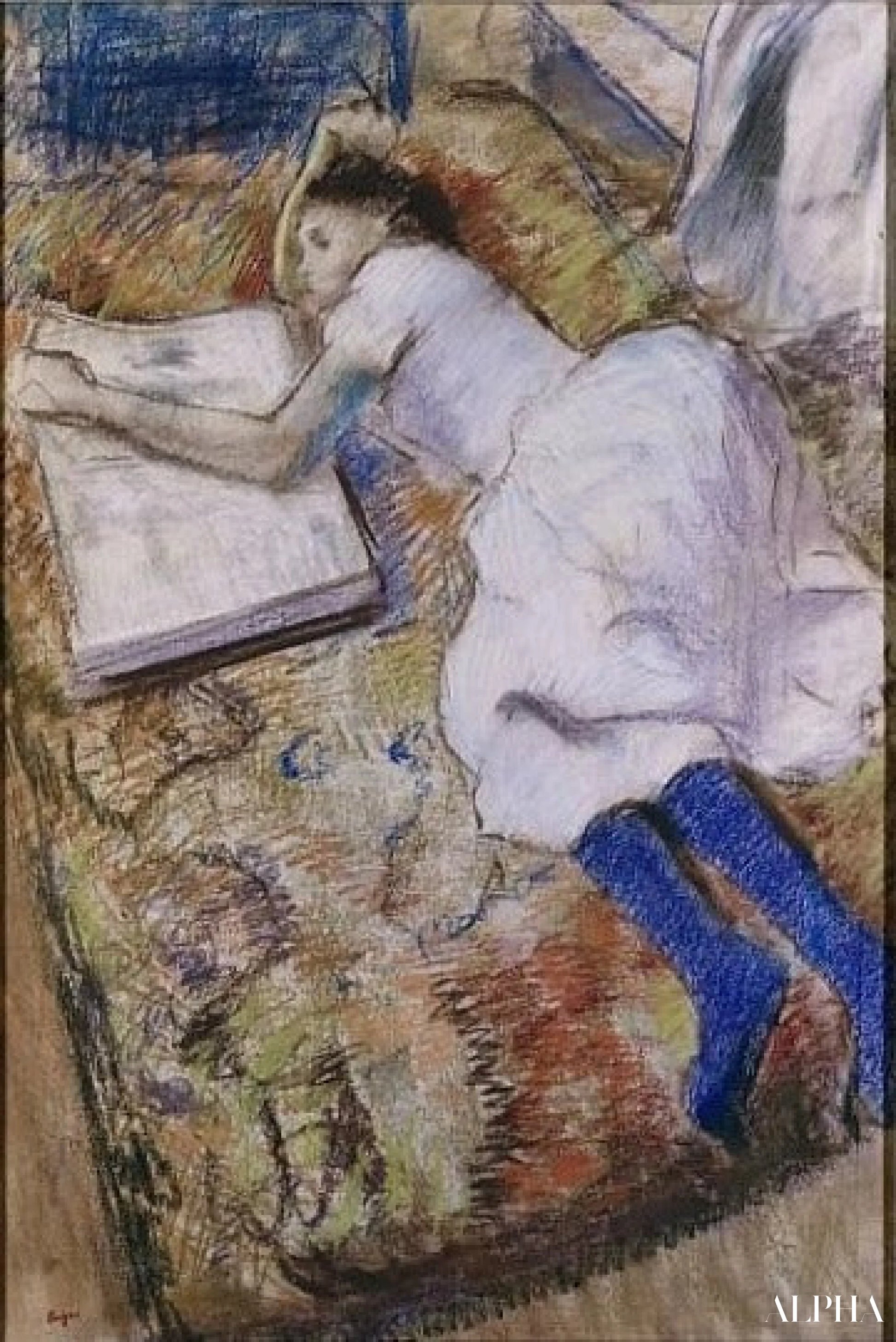 Jeune fille allongée regardant un album - Edgar Degas - Reproductions de tableaux et peintures haut de gamme