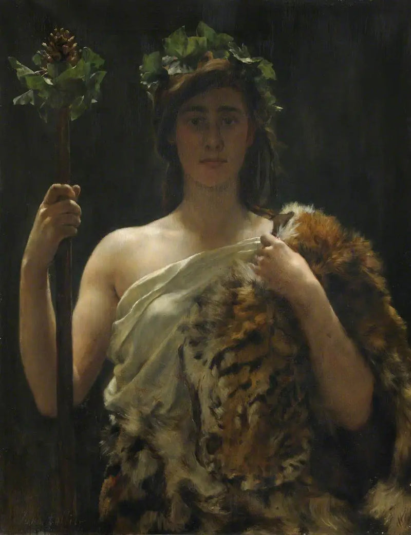 Mladá dívka zahalená v tygří kůži (dříve nazývaná Bakchus) - John Collier