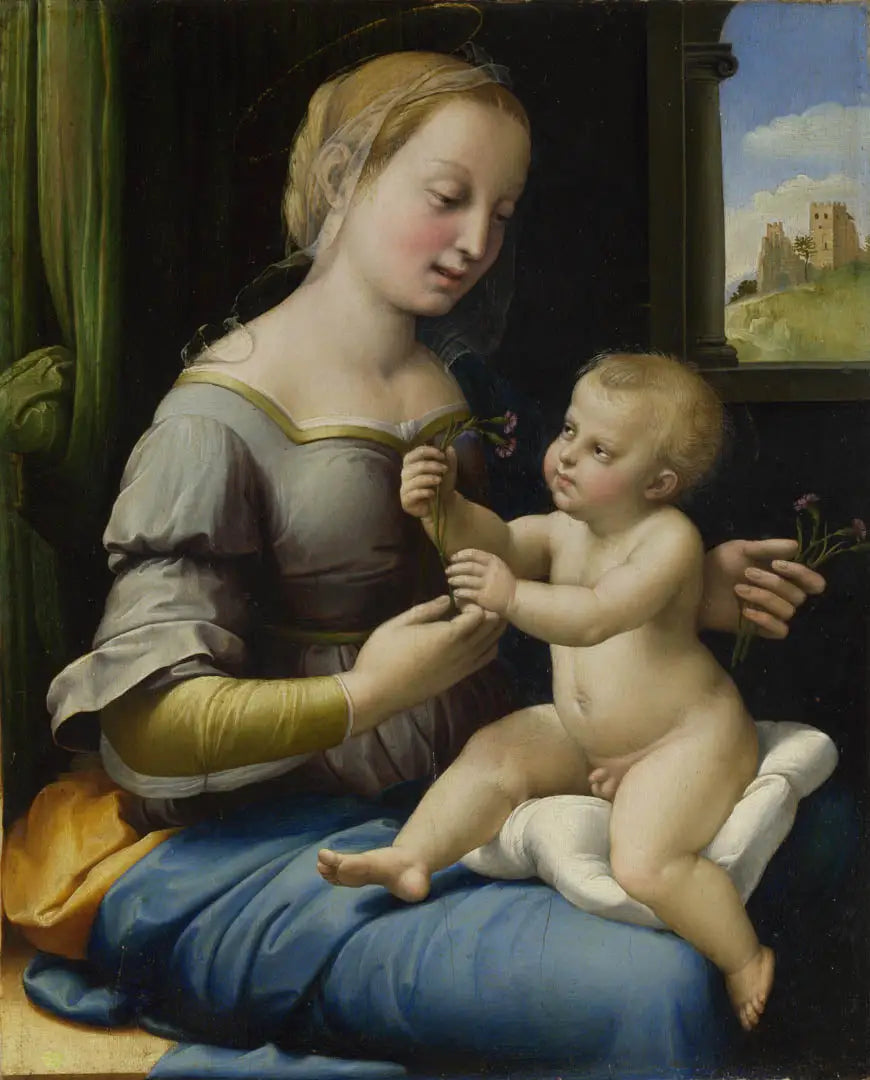 Reproduction du tableau « La Madone aux œillets - Raphaël Sanzio » par Alpha Reproduction en peinture à l’huile