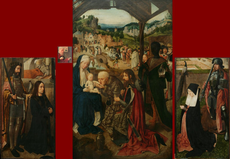 Uctívání tří králů, triptych s křídly; levé křídlo: dárce s svatým Bavonem; pravé křídlo: manželka dárce s svatým Adrienem - Geertgen tot Sint Jans